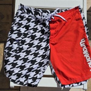 Loudmouth Men's Black and White Houndstooth with Red Swim Shorts
